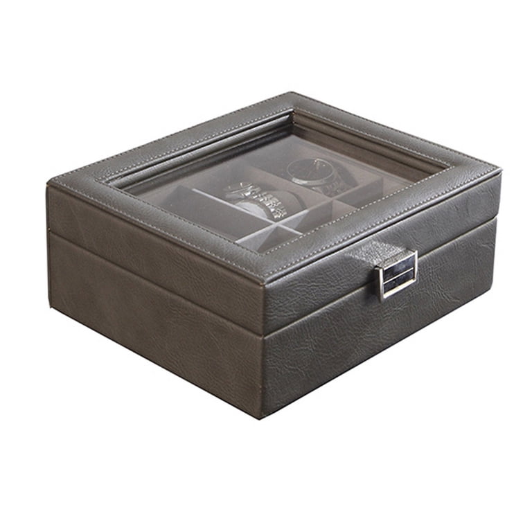 9 Inch Watch Case with 8 Spaces, Gray Faux Leather, Lined, Glass Lid, Black