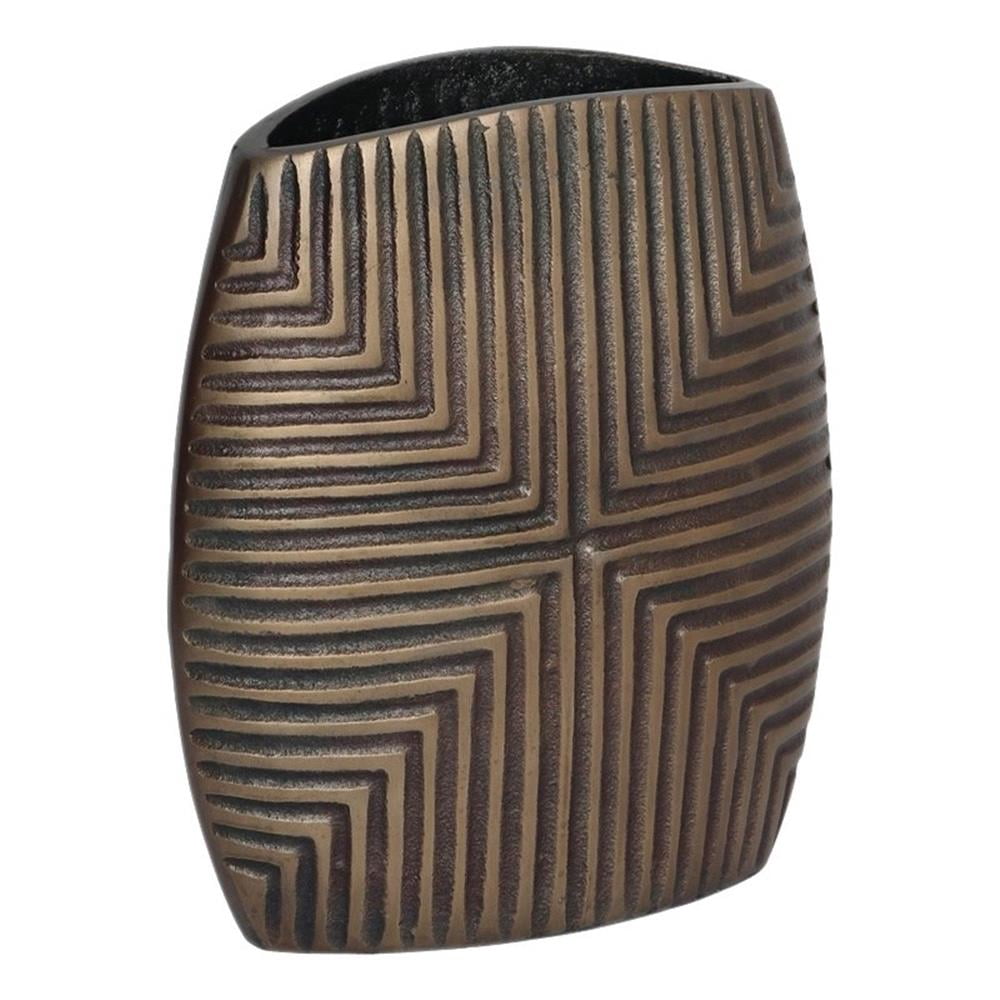 Ako 10 Inch Vase, Modern, Ribbed Body Design, Curved Top, Antique Brass