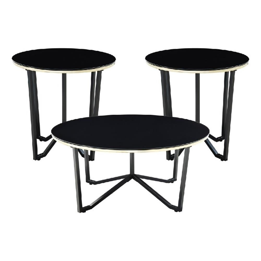 Amyra 3pc Occasional Coffee and End Table Set, Black Glass, Gold