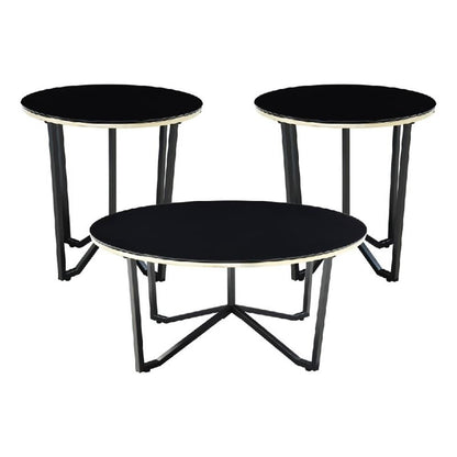 Amyra 3pc Occasional Coffee and End Table Set, Black Glass, Gold