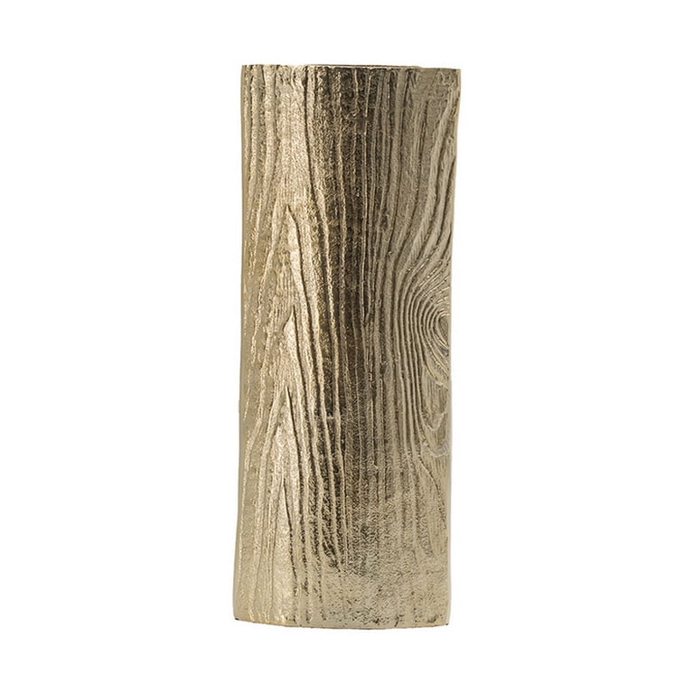 15 Inch Modern Vase, Naturalistic Tree Trunk Texture, Shiny Gold Finish
