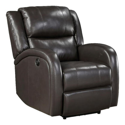 Karena 38 Inch Power Reclining Accent Chair, Brown Faux Leather, Solid Wood