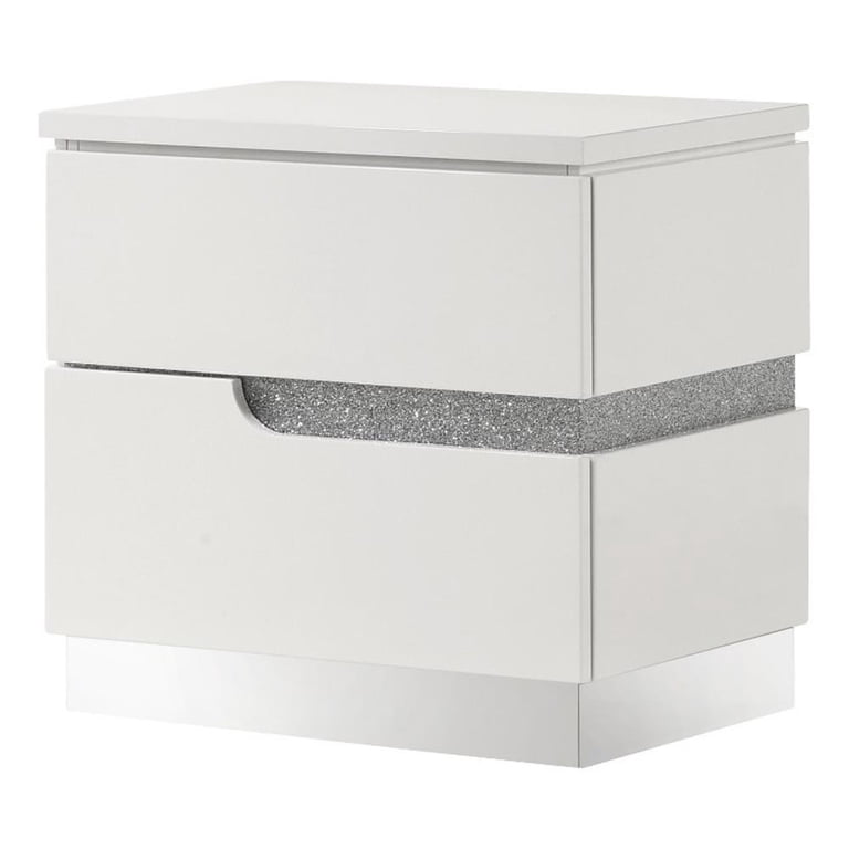 Ara 23 Inch Nightstand, 2 Drawers, Crystal Accents, White Laminate Finish