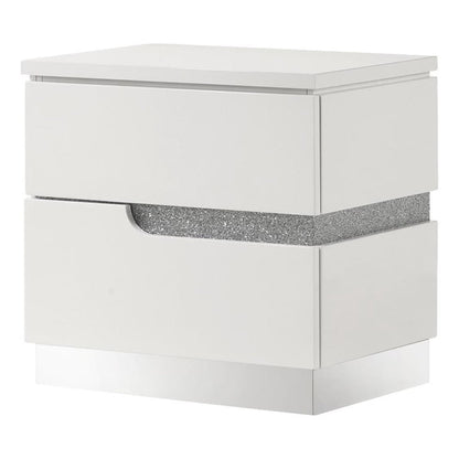 Ara 23 Inch Nightstand, 2 Drawers, Crystal Accents, White Laminate Finish