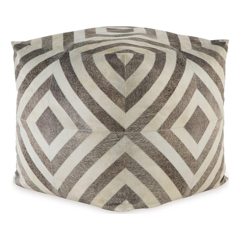 Ottoman Pouf, 18 Inch, Square, Brown and Ivory Polyester Geometric Design
