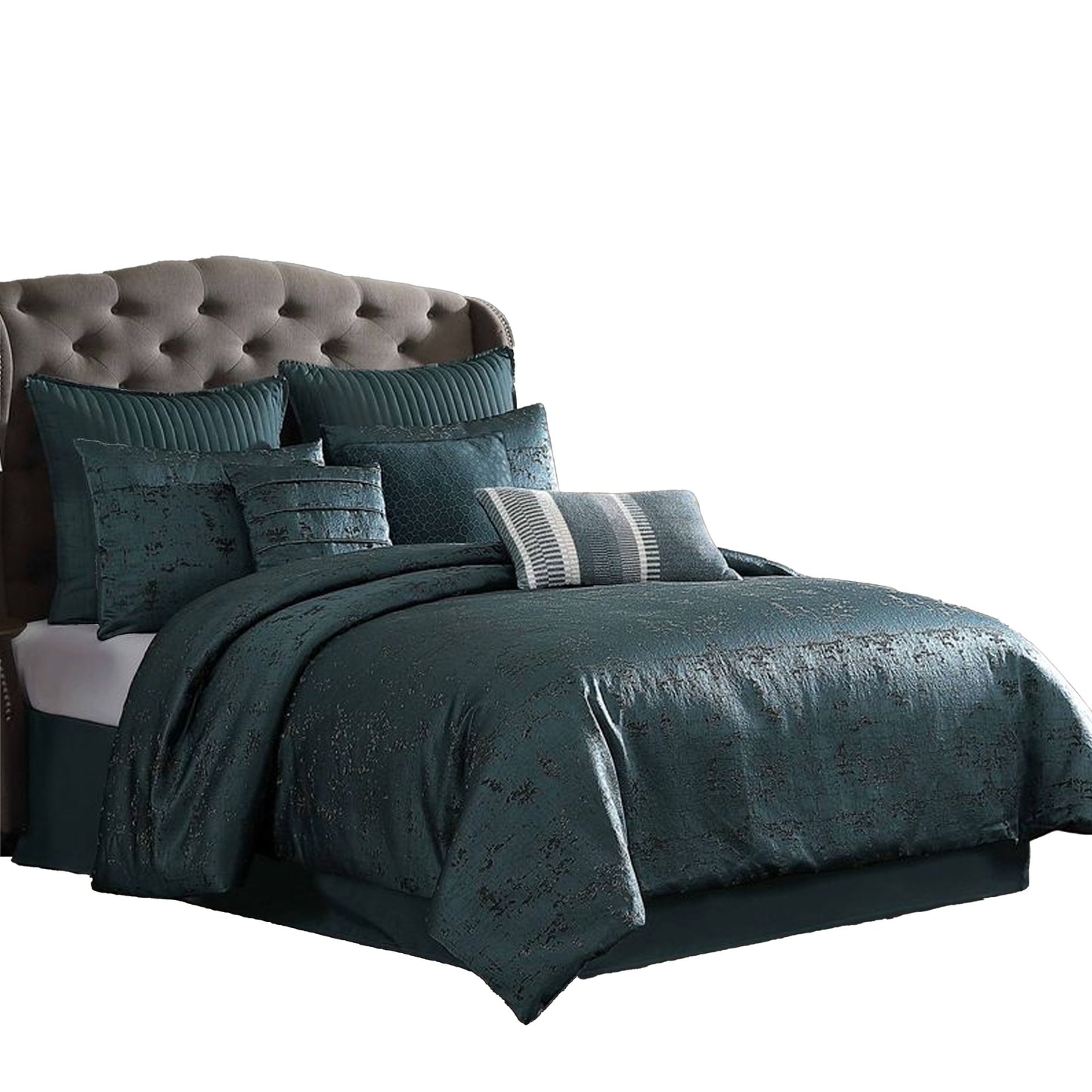 Beny 10pc King Size Comforter Set, Dark Turquoise Blue Woven Jacquard