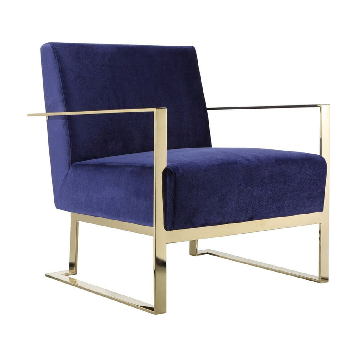 Boly 28 Inch Lounge Chair, Navy Blue Velvet Upholstery, Gold Steel Frame
