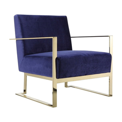Boly 28 Inch Lounge Chair, Navy Blue Velvet Upholstery, Gold Steel Frame