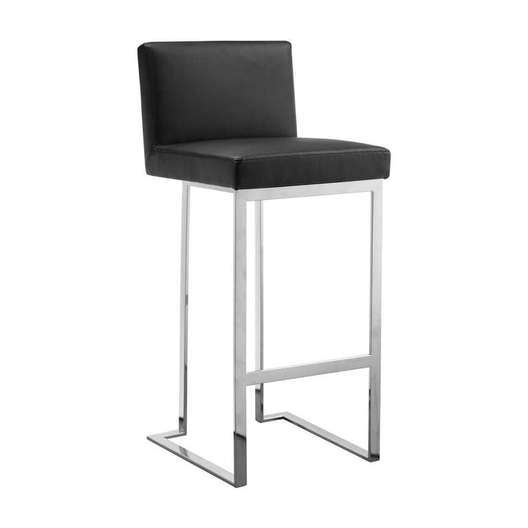 Boly 26 Inch Counter Height Chair, Black Faux Leather, Chrome Steel