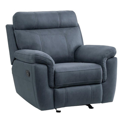 Clif 38 Inch Manual Glider Reclining Accent Chair, Blue Microfiber, Wood