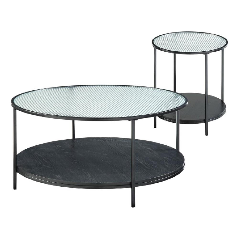 Deena 2pc Coffee and End Table Set, Fluted Glass Top, Black Metal