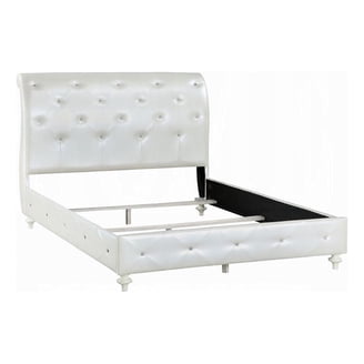 Dorie Twin Bed, Pearl White Faux Leather Victorian Carved w Crystals