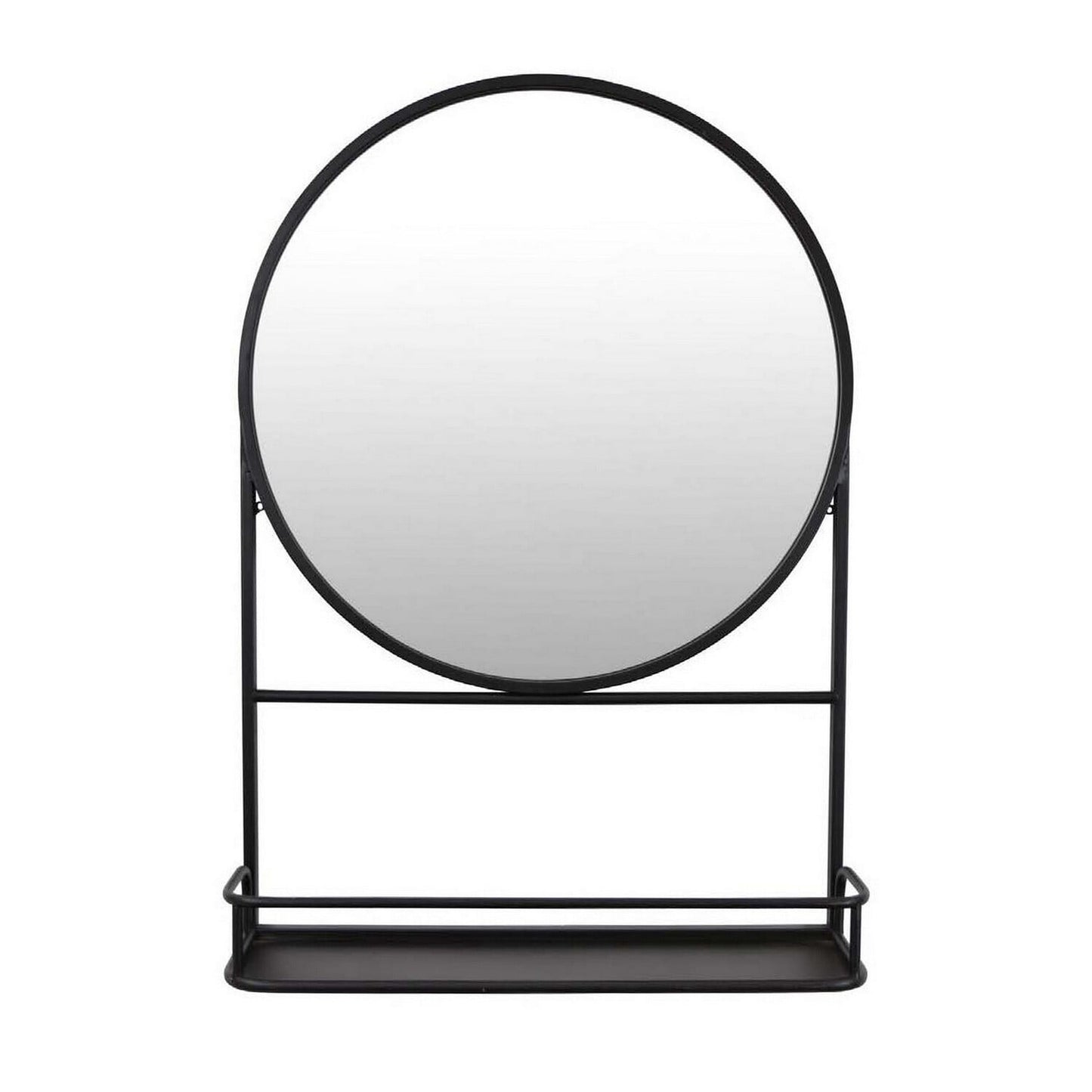 Feno Decorative Wall Mirror w Rack, 30 Inch Round Black Metal Frame