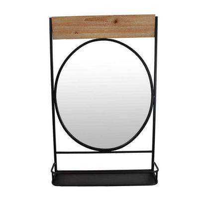 Feno Decorative Wall Mirror w Rack, 30 Inch Round Black Metal Frame