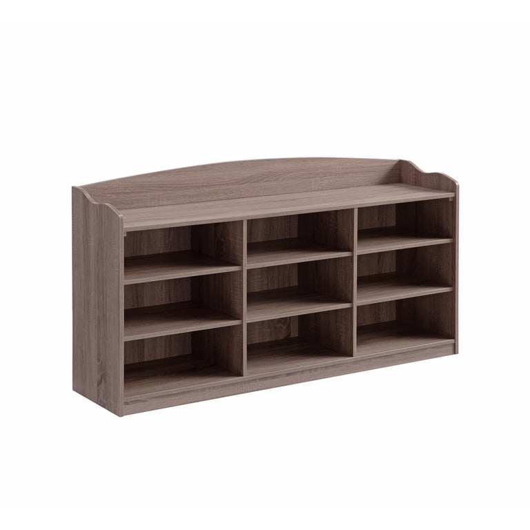Hale Shoe Bench, 48 Inch Top, 9 Open Compartments, Taupe Brown Finish