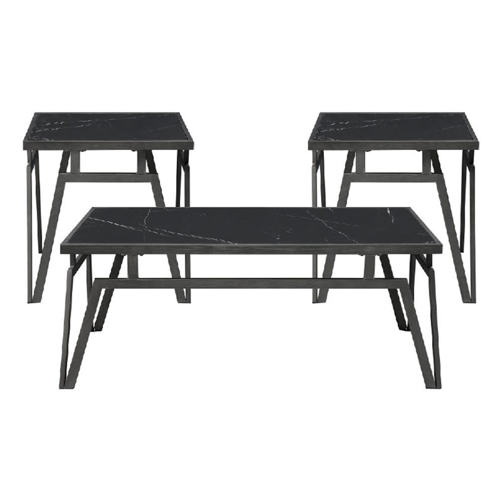 Howie 3pc Coffee and End Table Set, Black Sintered Stone, Bronze