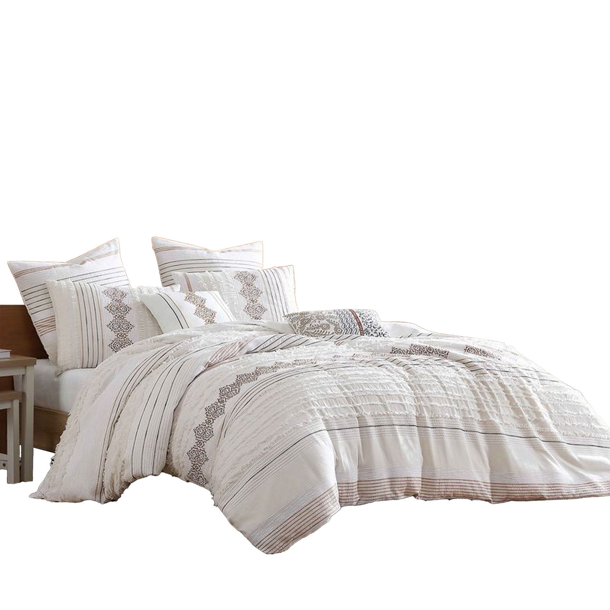 Jela 5pc Comforter Set, Shams, White Clipped Jacquard Stripe – King