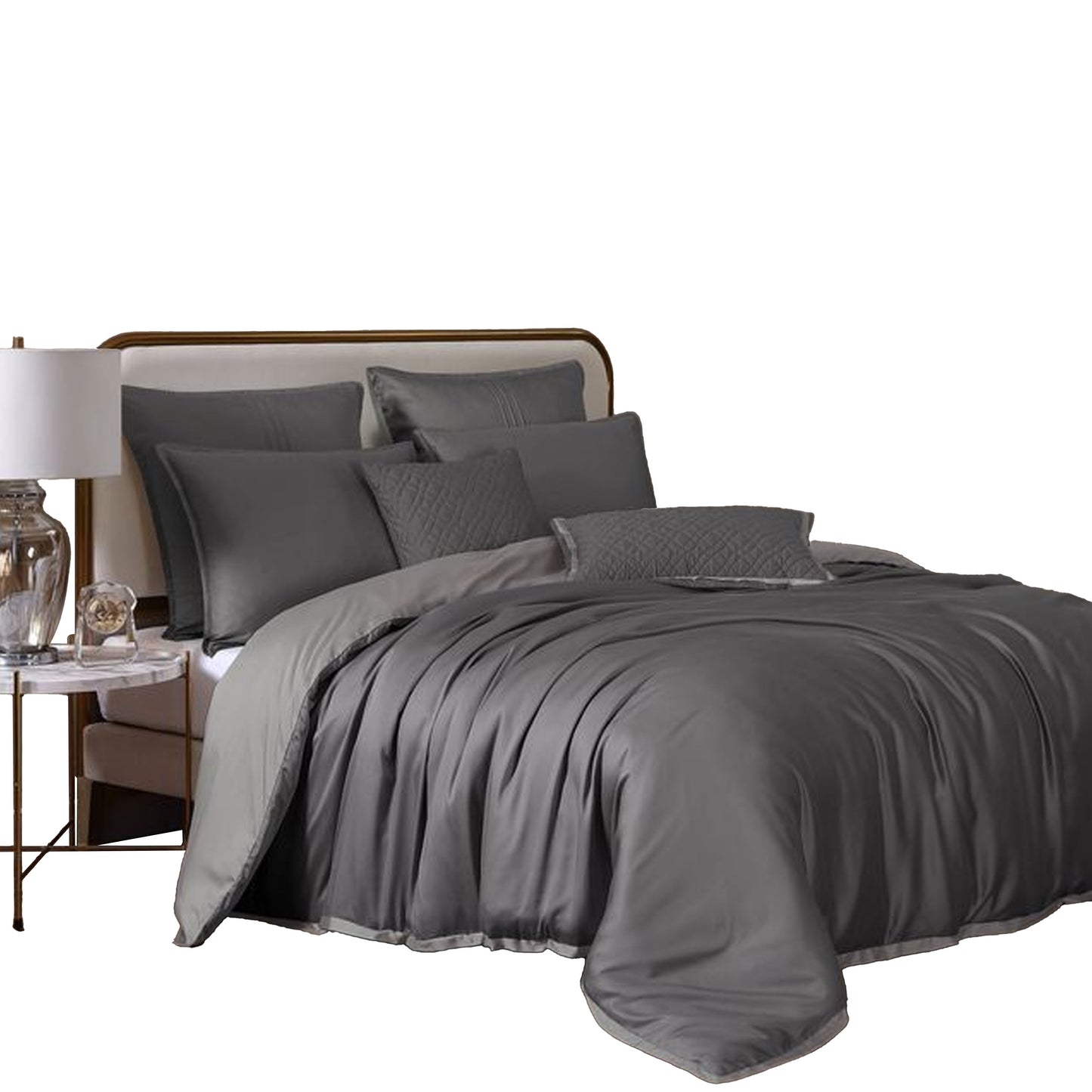 Keo 9pc King Comforter Set, Reversible, Soft Sage Gray Silky Fabric