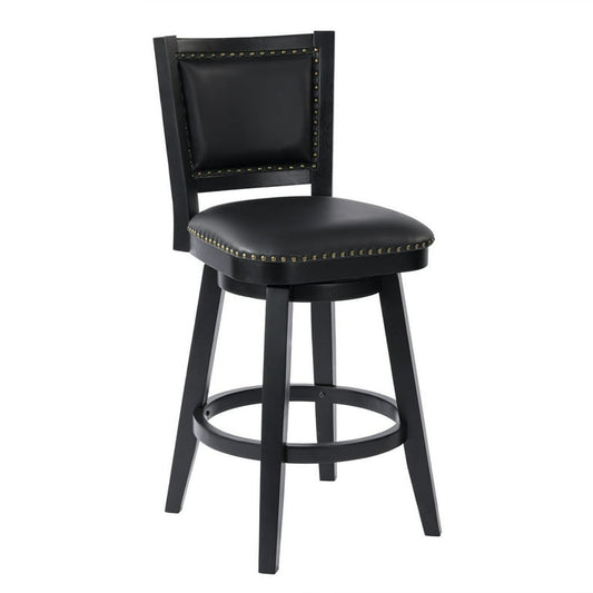 Kera Swivel Barstool Chair, Black Wood, Faux Leather, Nailhead Trim