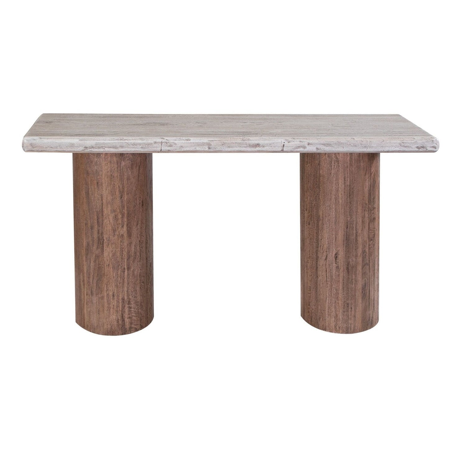Kohl 55 Inch Sofa Table, Brown Mango Wood, Drum Base, Cream Floated Top
