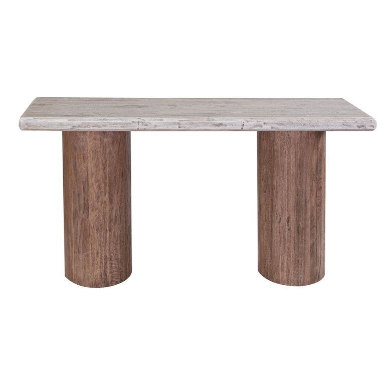 Kohl 55 Inch Sofa Table, Brown Mango Wood, Drum Base, Cream Floated Top