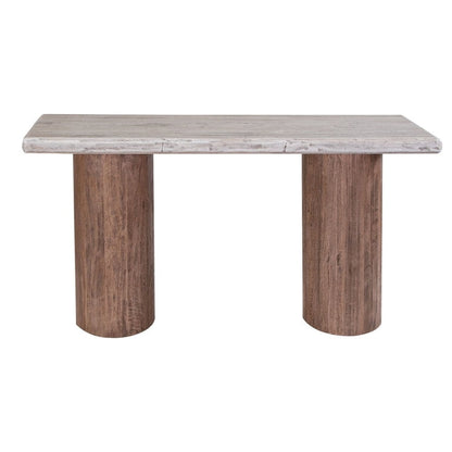 Kohl 55 Inch Sofa Table, Brown Mango Wood, Drum Base, Cream Floated Top