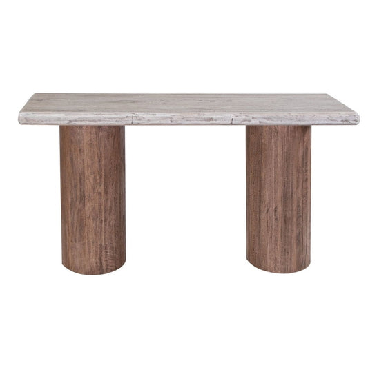 Kohl 55 Inch Sofa Table, Brown Mango Wood, Drum Base, Cream Floated Top