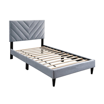 Lilian Full Size Bed, Tufted Gray Velvet Upholstery, Chevron Stitch