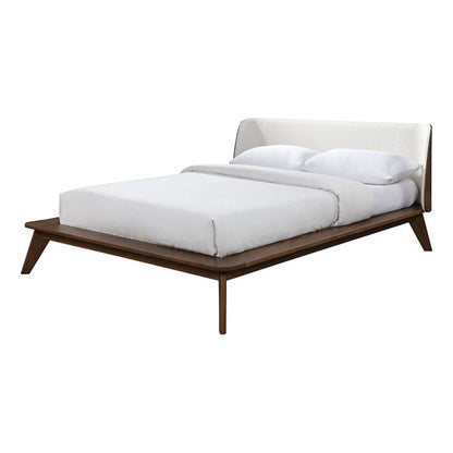 Linzy Queen Bed, Beige Boucle Upholstered Winged Edge, Brown Solid Wood