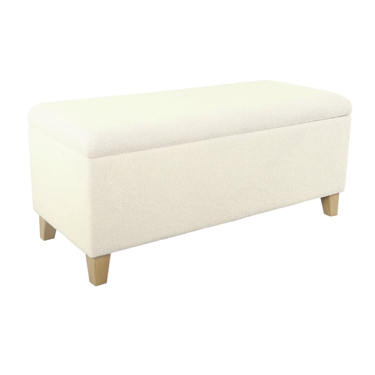 Liv Storage Bench Ottoman, Cream Sherpa, Natural Brown Wood, 42 Inch