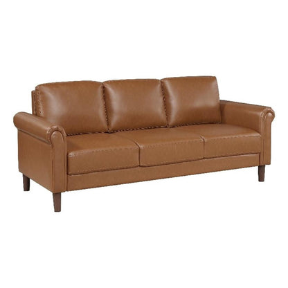 Lo Sofa w Rolled Arms, Mid Century Brown Faux Leather 79 Inch