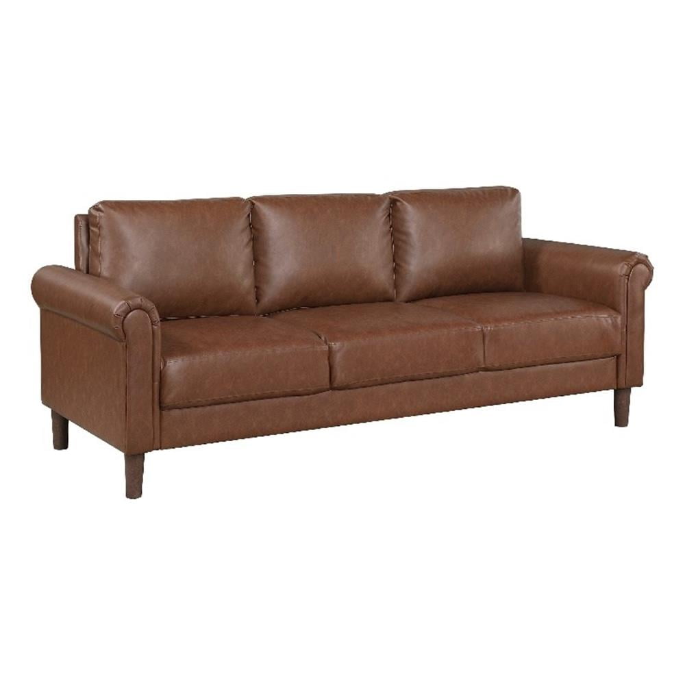 Lo Sofa w Rolled Arms, Mid Century Dark Brown Faux Leather 79 Inch