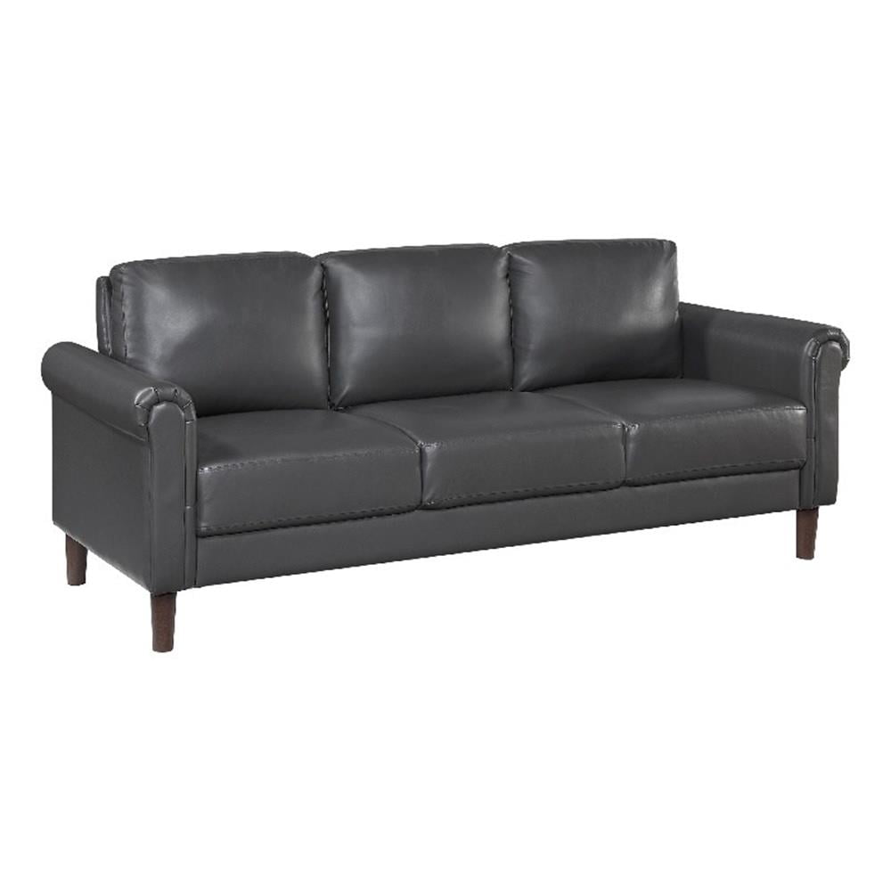 Lo Sofa w Rolled Arms, Midcentury Dark Gray Faux Leather 79 Inch