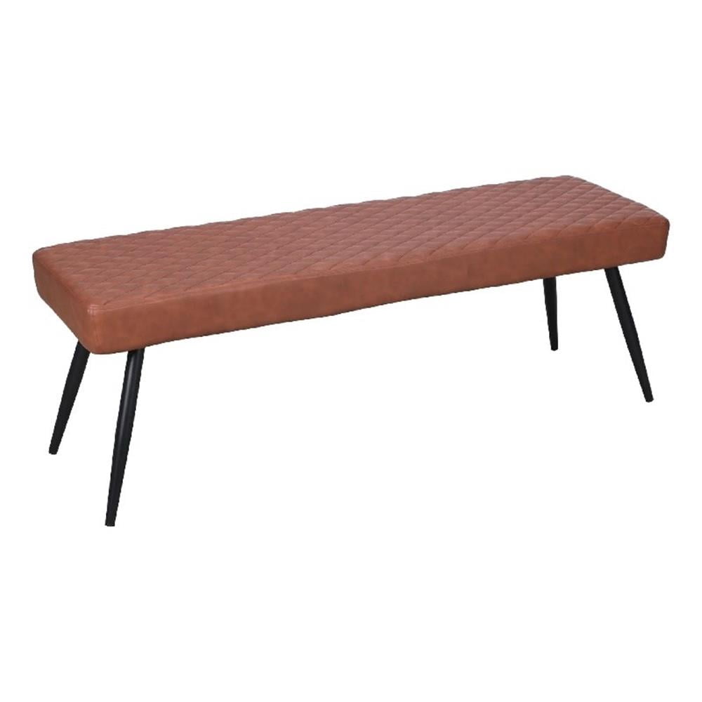 Lopi Dining Bench, 54 Inch Cognac Brown Faux Leather Seat, Metal Legs