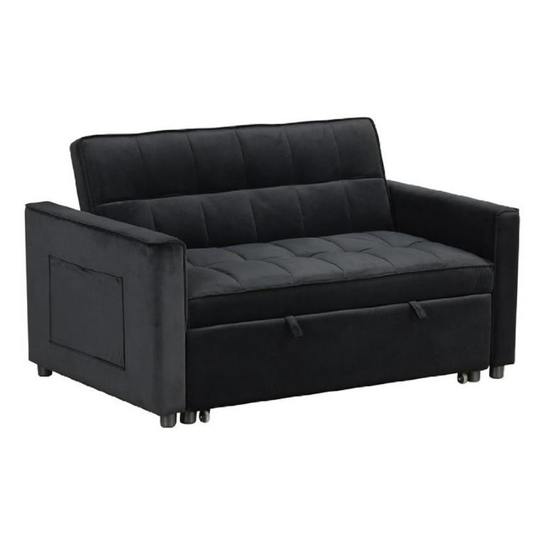 Marve Convertible Sleeper Loveseat, Side Pockets, Black Velvet 54 Inch