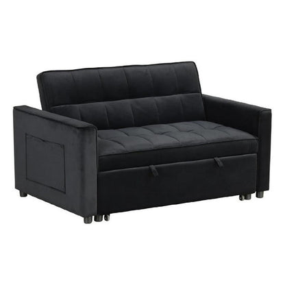 Marve Convertible Sleeper Loveseat, Side Pockets, Black Velvet 54 Inch
