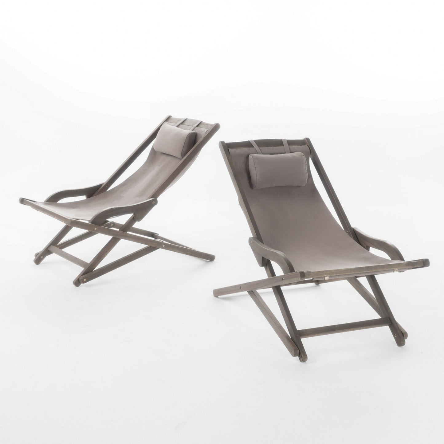 Mikki Portable Sling Chair Set of 2 with Pillows, Gray Polyester, Wood Base