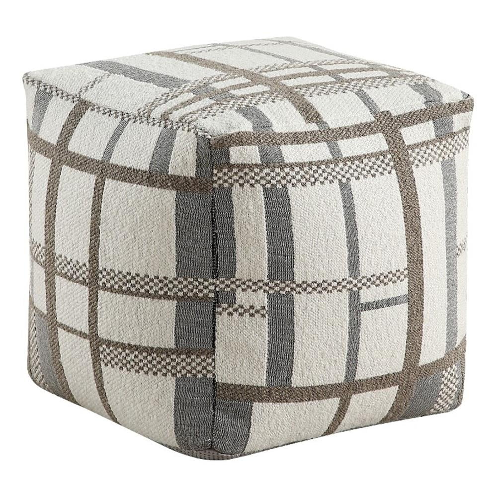 Modern Pouf Ottoman, Beige Gray Chunky Plaid Jacquard, 16 Inch Square