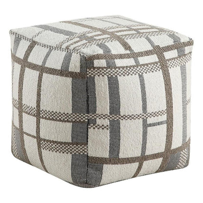 Modern Pouf Ottoman, Beige Gray Chunky Plaid Jacquard, 16 Inch Square