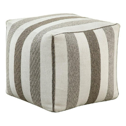 Modern Pouf Ottoman, White and Taupe Striped Jacquard, 16 Inch Square