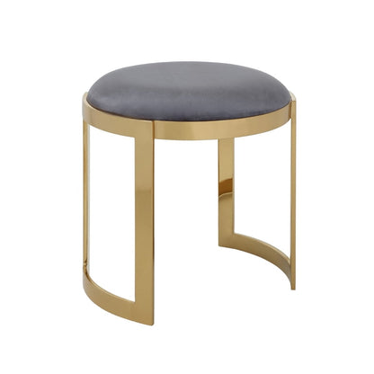 Niyo 19 Inch Accent Stool Ottoman, Round Cushioned Gray Velvet Seat, Gold