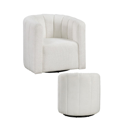 Noa Swivel Chair and Ottoman, Channel Tufted Curved Back, White Boucle