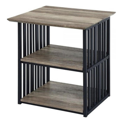 Nori 23 Inch Nightstand, 2 Shelves, Metal Base, MDF, Antique Oak and Black