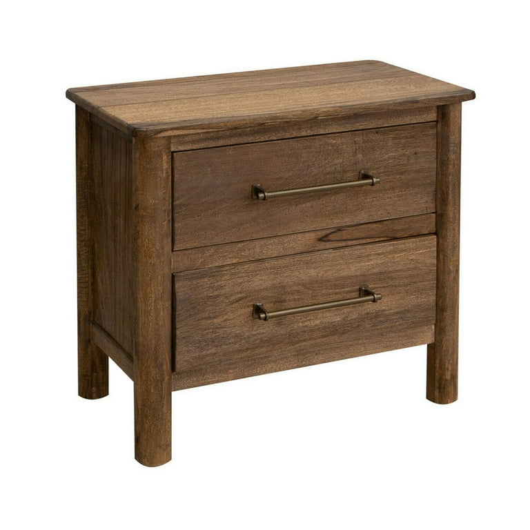 Olum 28 Inch Nightstand, 2 Drawers, Metal Handles, Solid Mango Wood, Brown