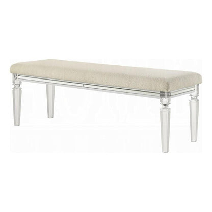 Rara Bench, Beige Padded Seat, 54 Inch Clear Tapered Acrylic Legs