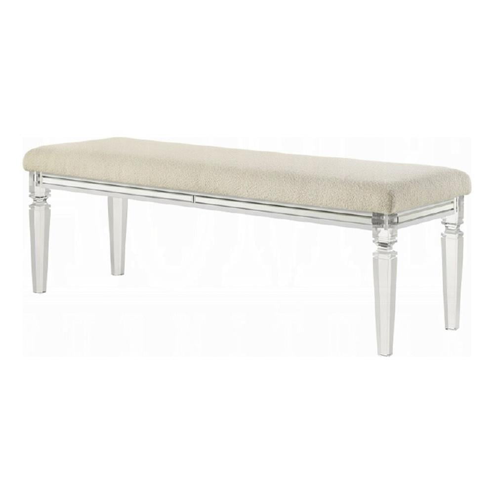 Rara Bench, Beige Padded Seat, 54 Inch Clear Tapered Acrylic Legs