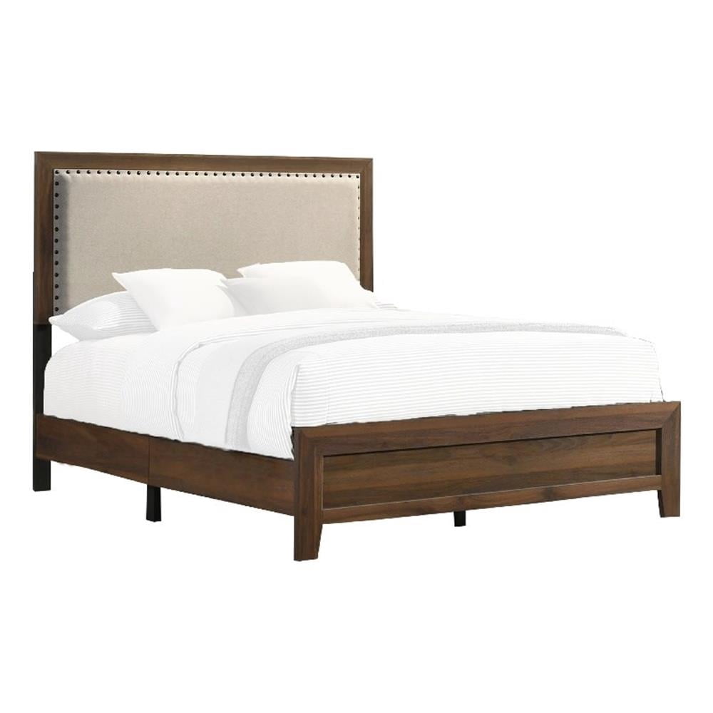 Shannon Queen Bed with Nailhead Trim, Ivory Fabric on Cherry Brown Wood