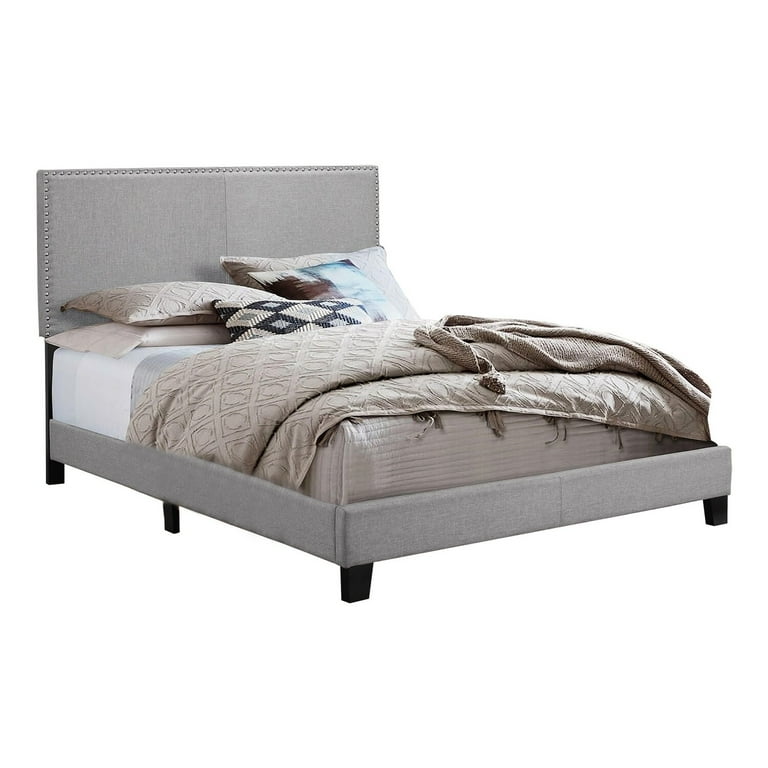 Shirin Queen Size Bed, Wood, Nailhead Trim, Upholstered Headboard, Black