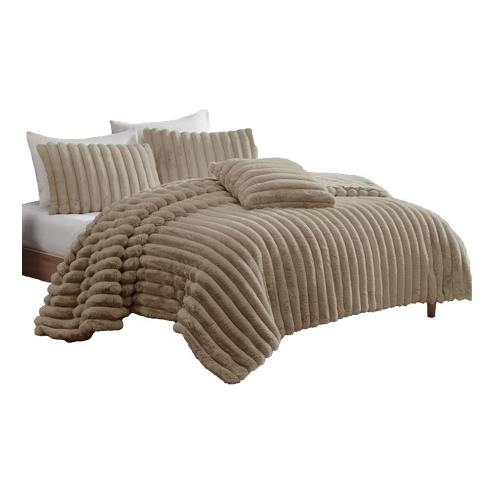 Sieno 4pc King Comforter Set, Taupe Brown Faux Fur, Micro Mink Backing