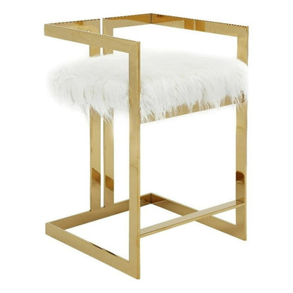 Suki 26 Inch Counter Height Chair, White Faux Leather, Gold Cantilever Base